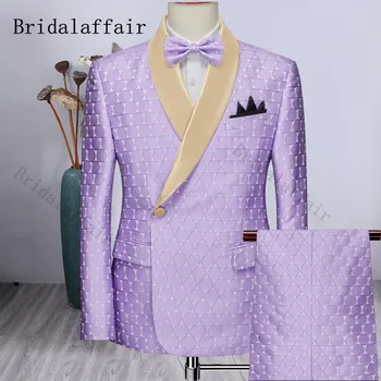 Bridalaffair Vyrai, Elegantiška Violetinė Tinka Levandų Dot Modelis Pirnt Vestuvių Kostiumai Vyrams Vestuvių Tuxedos 2vnt Švarkas Kelnės Rinkinys
