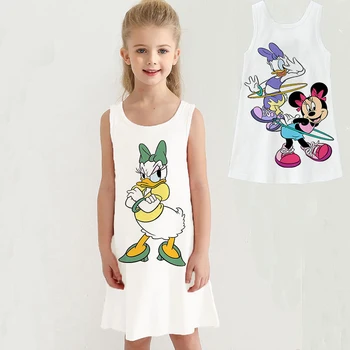 Vasaros Suknelė Disney Animacinių Filmų Kawaii Anime Ančiukas Donaldas Spausdinti Šalis Suknelė 2022 Naujas Baltos Spalvos Apvalios Kaklo Mada Vaikams Drabužiai Mergaitėms