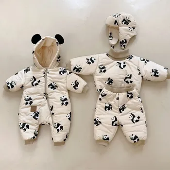 2023 Žiemos New Baby Plus Aksomo Storas Šiltas Nustatyti Kūdikio Mergina Kamšalu Striukė + Kelnės 2vnt Kostiumas Mažylis Berniukas Panda Print Komplektai