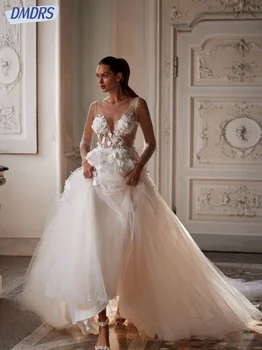 3D Gėlės V-kaklo Perlų Vestuvių Suknelės, Romantiškas-line Suknelė Nuotaka Grakštus Grindų ilgis Nuotakos Suknelė Vestido De Novia