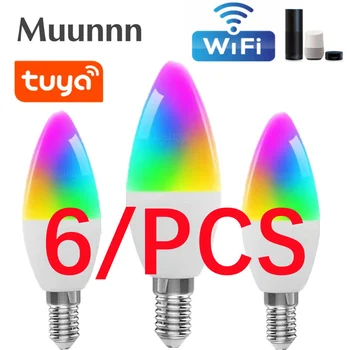 6Pcs E14 LED Tuya WiFi Smart Pritemdomi Lemputė RGBCW 9W 100-240V LED Šviesos Smart Gyvenimo App Kontrolės Paramos Alexa 