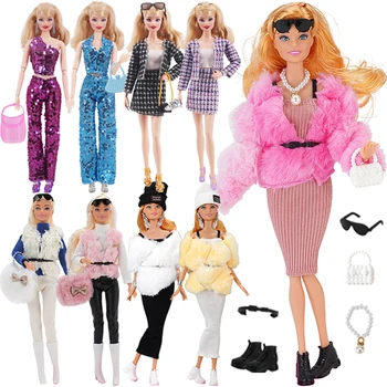 7Pcs/Set Pliušinis Kailis+Batai+Top+Kelnės/Sijonas+Kiti Priedai 11,5 Colių Barbies&BJD Doll Drabužių Priedai Mergina Pop Žaislai