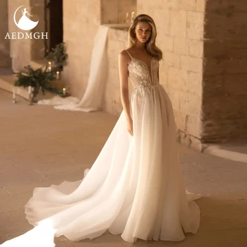 Aedmgh-Line Elegantiškas Vestuvių Suknelės 2024 Brangioji Spagečiai Dirželiai Chalatas De Mariee Nėrinių Blizga 3D Gėlės Chalatas De Mariee
