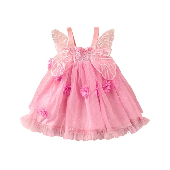 Bamblys Baby Girl Princesė Suknelė be Rankovių 3D Gėlių Šalis Suknelė Kūdikis Pasakų Kostiumą su Sparnais