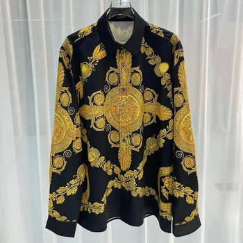 Baroko Teismas Stiliaus Vyrų Marškinėliai Aukso Modelis ilgomis Rankovėmis Viršūnes Turn-žemyn Apykaklės Mygtuką Marškinėliai Mados Prabangių Socialinių Vyrų Drabužiai.