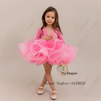 Cute Baby Pink Gėlių mergaičių Suknelės Mergaitėms iki 2023 m. Vasarą V Kaklo Vestuves Chalatai Blizgučiais Visą Rankovės Pakopų فساتين اطفال للع