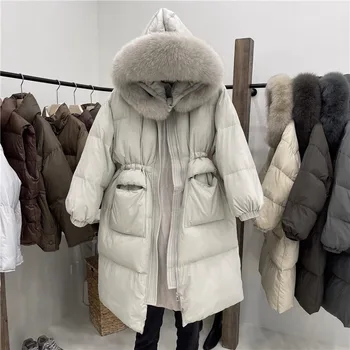 Didelis Lapės Kailio Apykaklė 90% Baltųjų Ančių Pūkais Ilgi Paltai Moterims Korėjos 2023 Naujas Storas Šiltas Puffer Jacket Moteriška Prarasti Vėjo Outwear