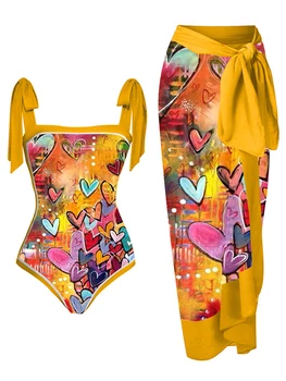 Geltona Mados Ryškių Moterų maudymosi kostiumėlį Spalvotų Blokų Širdies Spausdinti Dirželis Peties vientisas Bikini Ir Ilgai Padengti Iki Naujų 2023