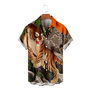 Havajų Marškinėliai Vyrams Cool Tigras Spausdinti Trumpas Rankovės Marškinėliai Japonų Stiliaus Vasaros Viršūnes Kvėpuojantis