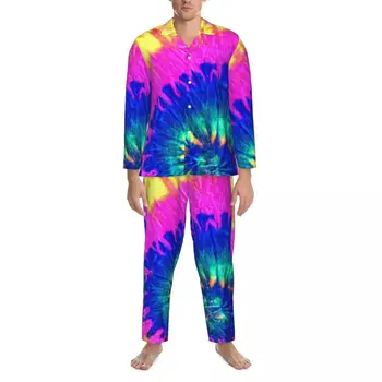 Kaklaraištis Dažų Spiralės Sleepwear Pavasario Ratą Rainbow Modelis Šviesą Negabaritinių Pižama Nustatyti Vyrai Ilgomis Rankovėmis Mielas Namų Grafinis Naktiniai Drabužiai