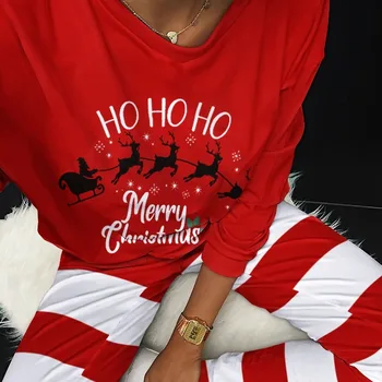 Kalėdų Kostiumas Laiškai Spausdinami Ilgomis Rankovėmis Marškinėliai Juostele Ilgas Kelnes Sleepwear Pižama Moterų Namų Pižama Kostiumas, Dviejų Dalių Komplektas