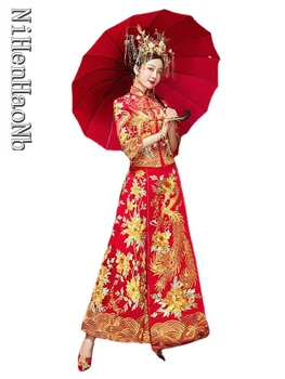 Kinijos Stiliumi Tradicine Nuotaka Vestuvių Suknelės Senovės Red Phoenix Choengsam Vestidos Qipao