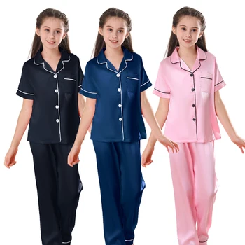 mergaičių naktiniai marškiniai, pižamos vaikų ledo šilko plonas trumpas rankovėmis ilgas kelnes vientisos spalvos megztinis atvartas vasaros namų drabužių sleepwears rinkinys