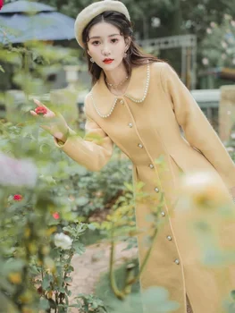 Moterų Pearl Peter Pan Apykaklės Puikus Chic Vilnos Kailio Paltas Moteriška Rudenį Prancūzų Stiliaus Geltonos Spalvos Paltai Lady Korėjos Dizaino Laisvalaikio Kailis