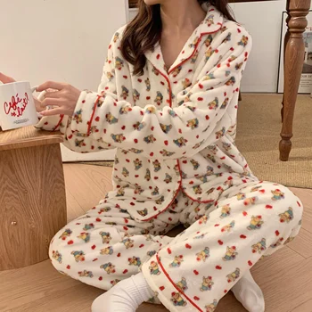Moterų Žiemos Minkšta Flanelė Pižama Dormir Lounge Sleepwear Animacinių Filmų Triušis Šiltas Pajama Mujer Miegamųjų Namo Drabužiai, Moteriškos Pižamos