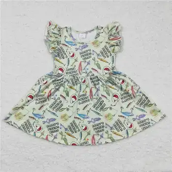 Naujas dizainas iš anksto užsisakyti trumpas rankovės vaikų boutique drabužių vaikams, vasaros fancy dress kūdikių mergaičių FUSHING Žalia Žvejybos suknelė