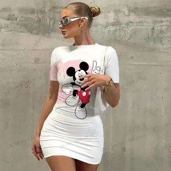 Nauji moteriški Drabužiai Trumpas rankovės Lauko Sporto Seksualus Stora Mini Trumpą Suknelę Vasarą Disney Minnie, Mickey Mouse animacinių filmų spausdinimo suknelė