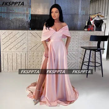 Nuo Peties Rožinė Elegantiška Prom Dresses Su Plyšio 2021 Linijos Klostes Satino Moterų Oficialią Chalatai Už Vestuves Užsakymą