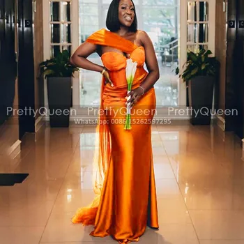 Oranžinė Undinė Ilgai Bridesmaid Dresses Su Streamer Vien Vieno Peties Rankovių Trimitas Vestuves Oficialų Suknelė