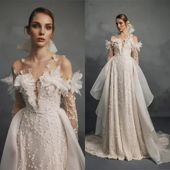 Prabangos Linija Vestuvių Suknelė 3D Gėlių Appliqued Visą Rankovėmis Overskirt Nuotakos Suknelė Užsakymą Princesė Chalatai Nėriniai Atgal