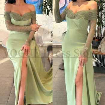 Sage Green Satino Prom Dresses su Plyšio Grindų Ilgis China Off Peties Stora vakarinę Suknelę, Vestuvių فساتين نسائيه للسهرا