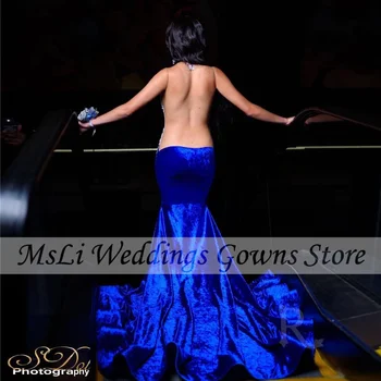 Seksualus Royal Blue Undinė Prom Dresses 2023 Aksomo Backless Rankovių Appliques Duobute Gimtadienio Chalatai Chalatas De Bal