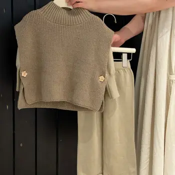 Vaikiškų Nustatyti Rudenį Naujų Korėjos Mergaičių Retro Stiliaus Universalus Minkštas Mezgimo Megztinis Trijų Dalių Vest 2023 Paprasta