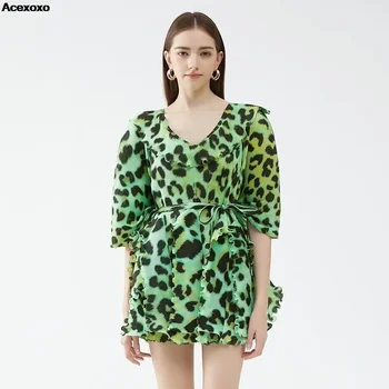 Vasarą nauju moterų mados atsitiktinis gatvės lieknėjimo leopardas spausdinti half-sleeve juosmens suknelė