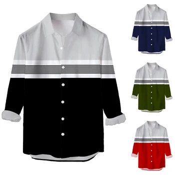 Vyriški ilgomis rankovėmis marškinėliai spalva-užblokuotas dryžuotas spausdinti vyrų atvartas, stalviršiai, madingi ir patogus didelio dydžio vyriški marškiniai 2024