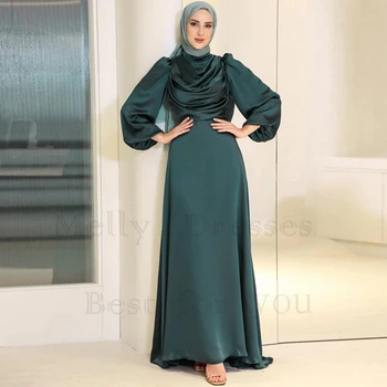 Žalioji Visą Rankovės Islamo Vakaro Suknelės Satino Klostyti 2024 M. Vasaros Ruožas Satino Prom Chalatai Moterims, Naujas Chalatas De Soirée