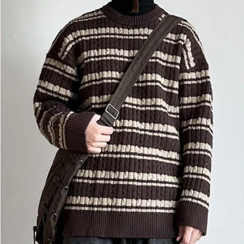 Žiemos korėjos dryžuotas spausdinti vyrų megztas megztinis mados street American retro y2k asmenybės pora sutirštės sporto hoodie